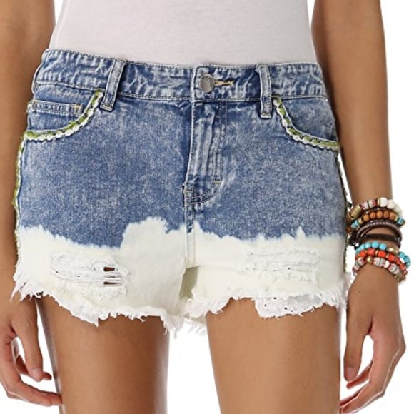 Free People Embroidered Bleach Dipped Jean Shorts